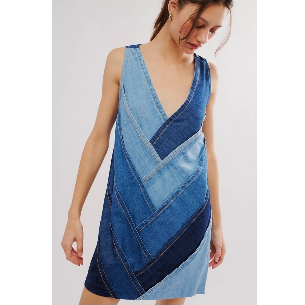Free People Bohemian 70s Patches Of Denim Mini Dress XS NWT Patchwork Fall Retro - Picture 7 of 16
